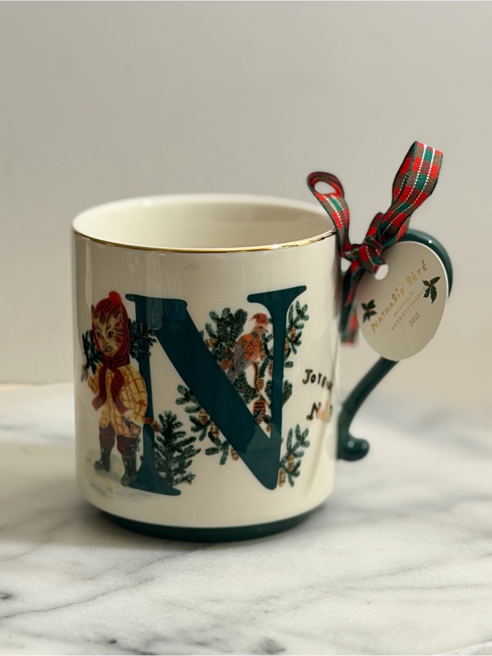 Anthropologie Nathalie Lete Monogram Letter ‘N’ Stoneware Holiday 2025 Mug NEW